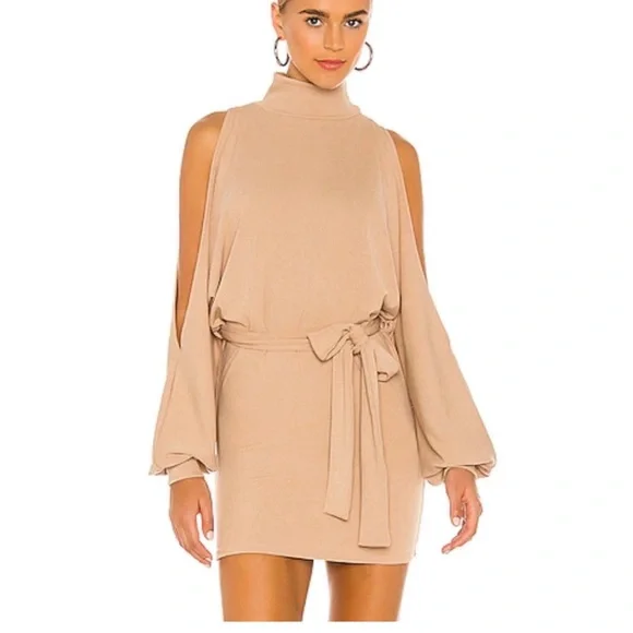 Lovers + Friends Gloria Cold Shoulder Sweater Mini Dress Medium Tan Revolve - Picture 2 of 9